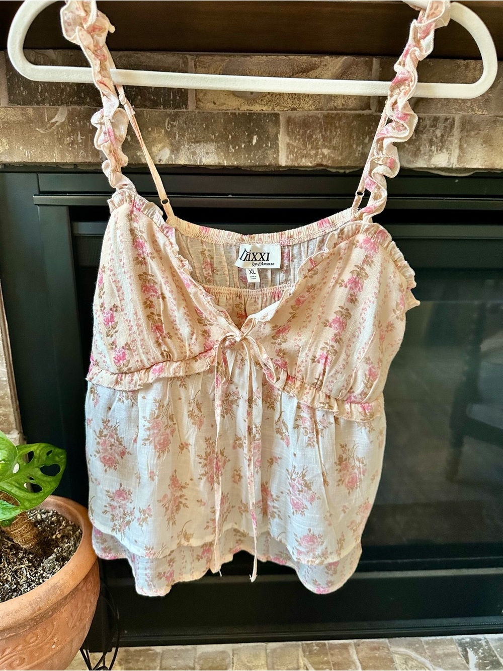Cream and Pink Floral Ruffle-Strap Camisole
